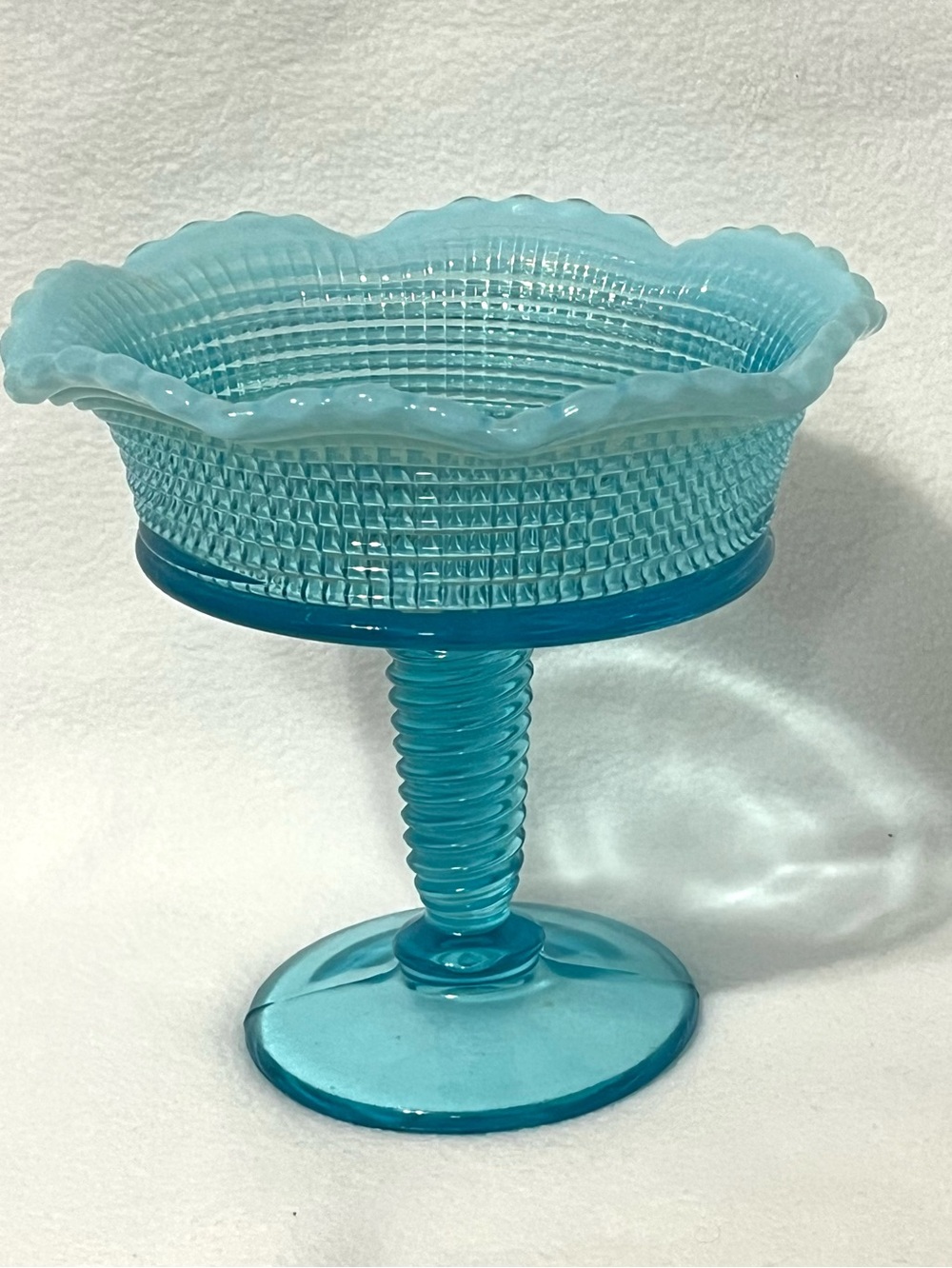Aqua blue pressed glass pedestal bowl